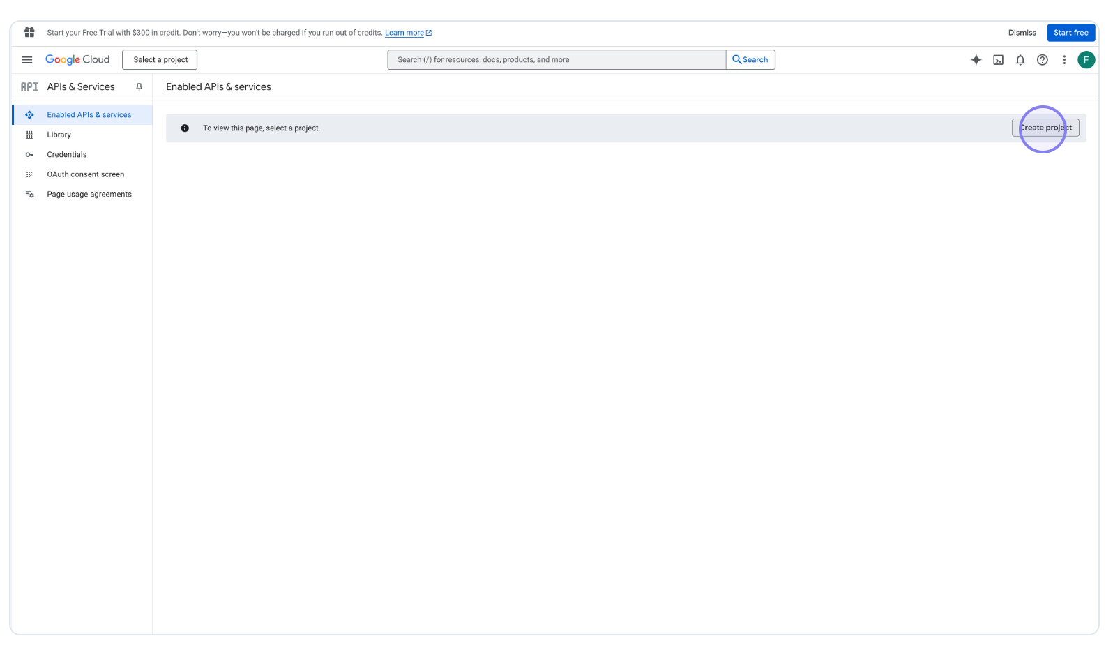 Google Cloud Console Create project button