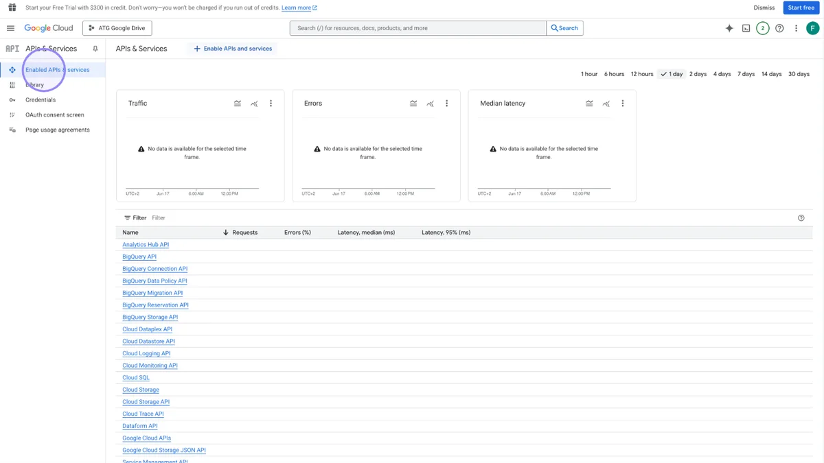 Google Cloud Console 'Enabled APIs and services' Menu