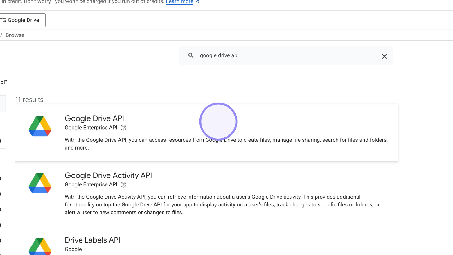 Google Cloud Console 'Google Drive API' Selection