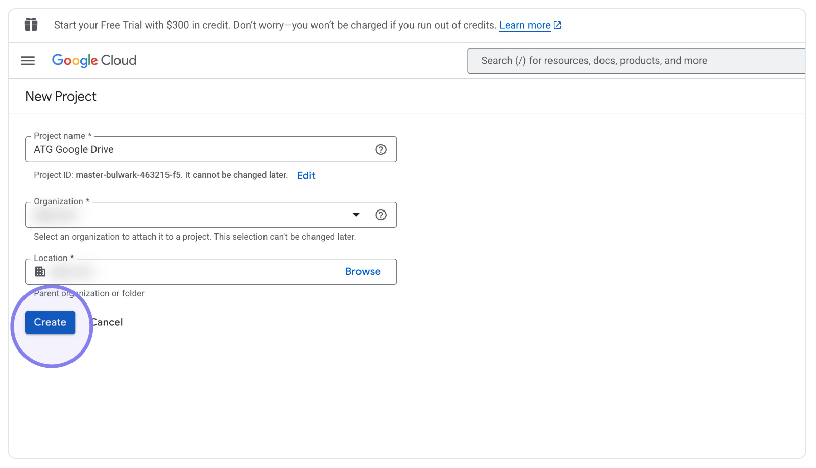 Google Cloud Console 'Create project' Menu