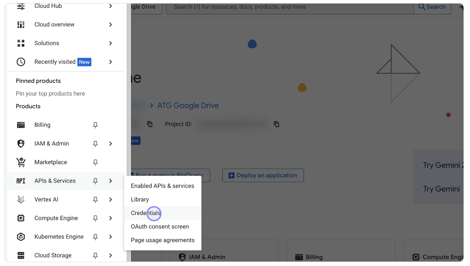 Google Cloud Console 'Open API & services' Credentials Menu