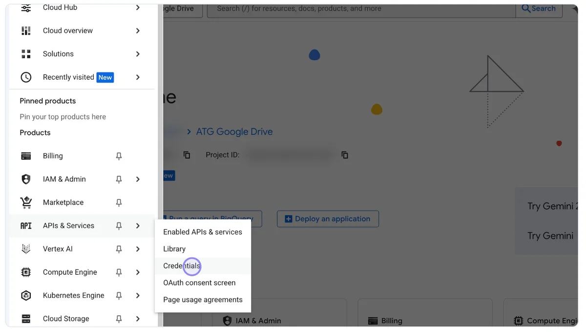 Google Cloud Console 'Open API & services' Credentials Menu