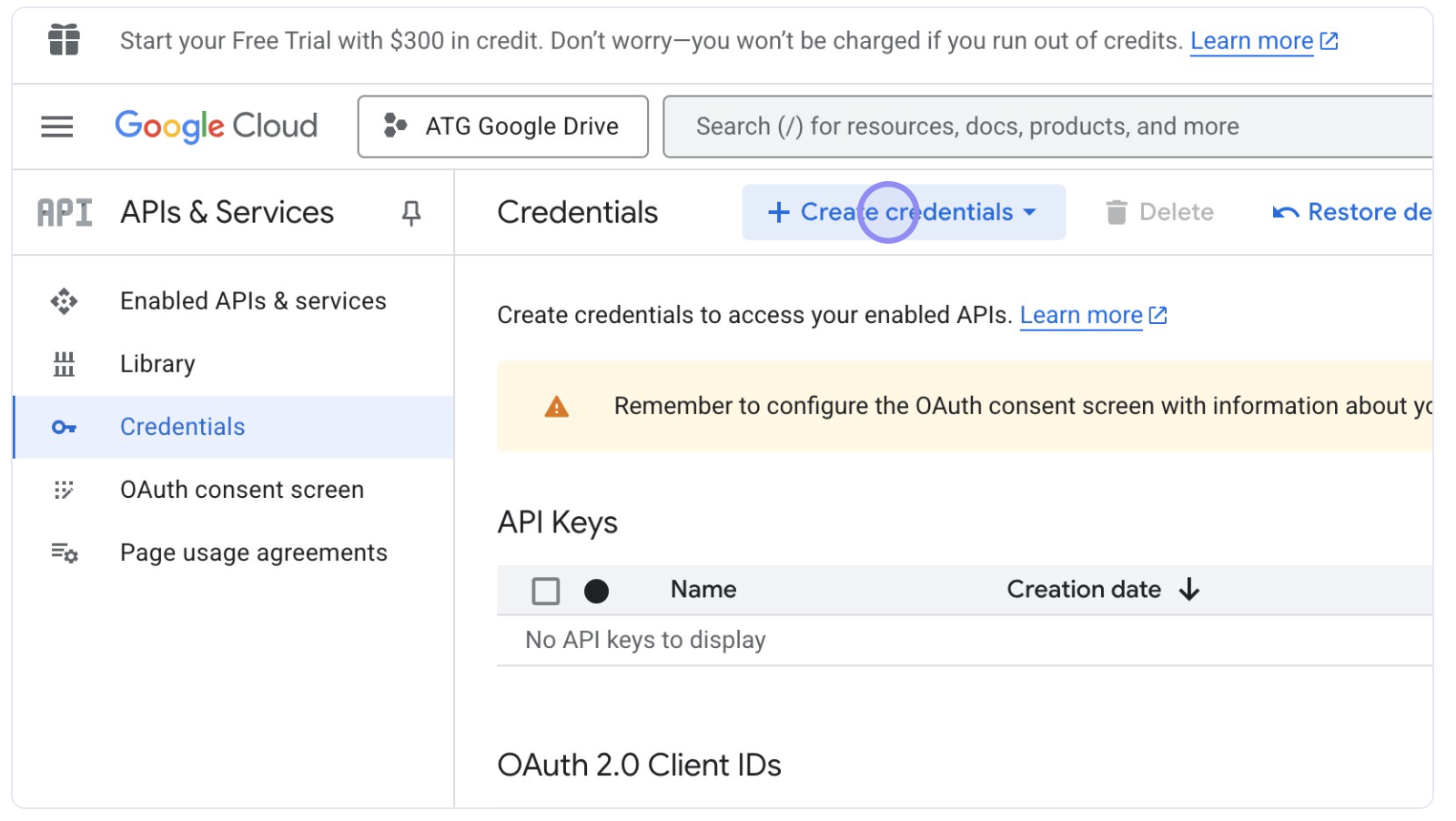 Google Cloud Console '+ Create credentials' Button