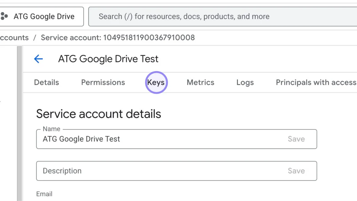 Google Cloud Console 'Keys' Menu