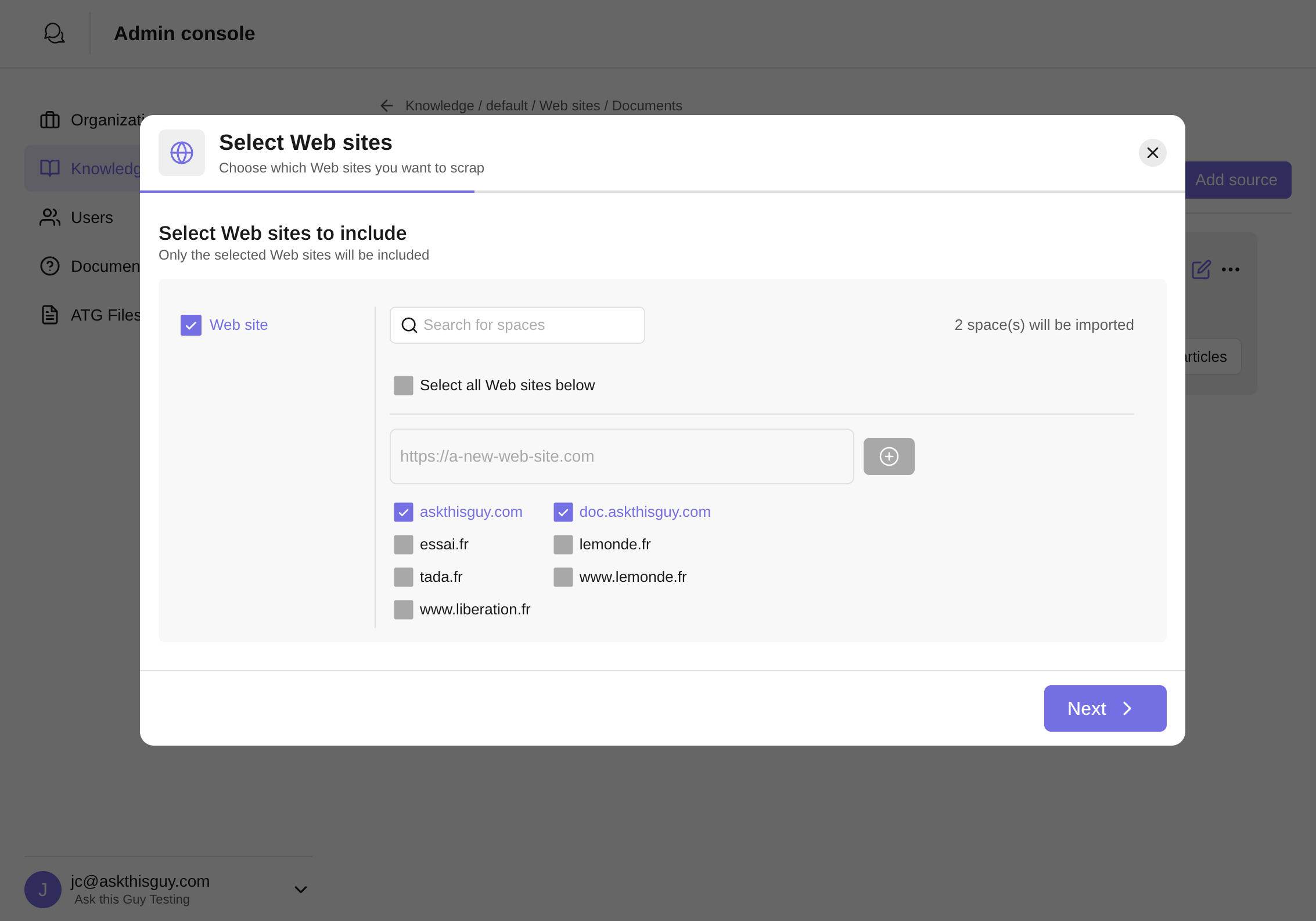 Select Web Sites screen from the Admin Console