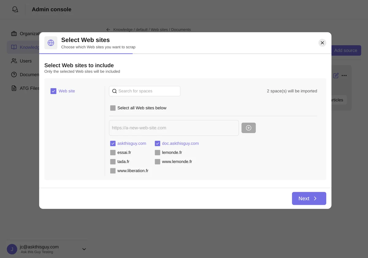 Select Web Sites screen from the Admin Console