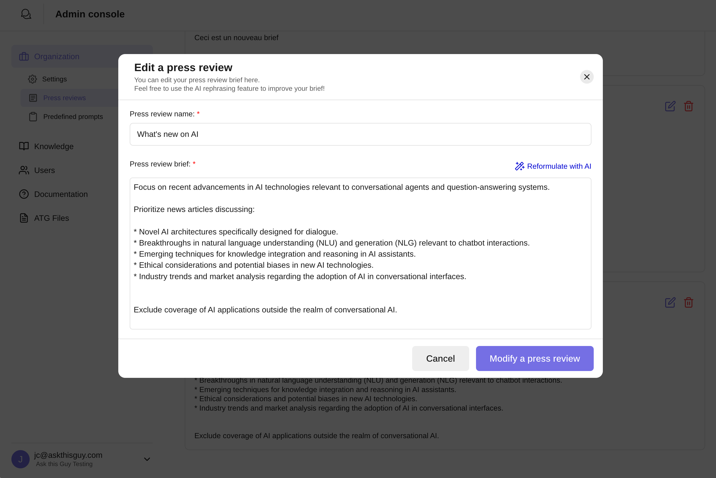 Press review configuration in Admin Console