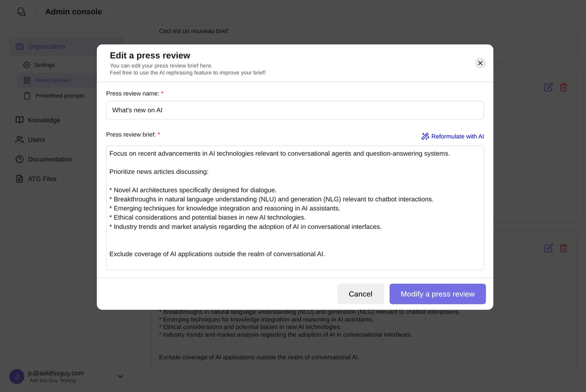 Configuration de la revue de presse dans la console d'administration