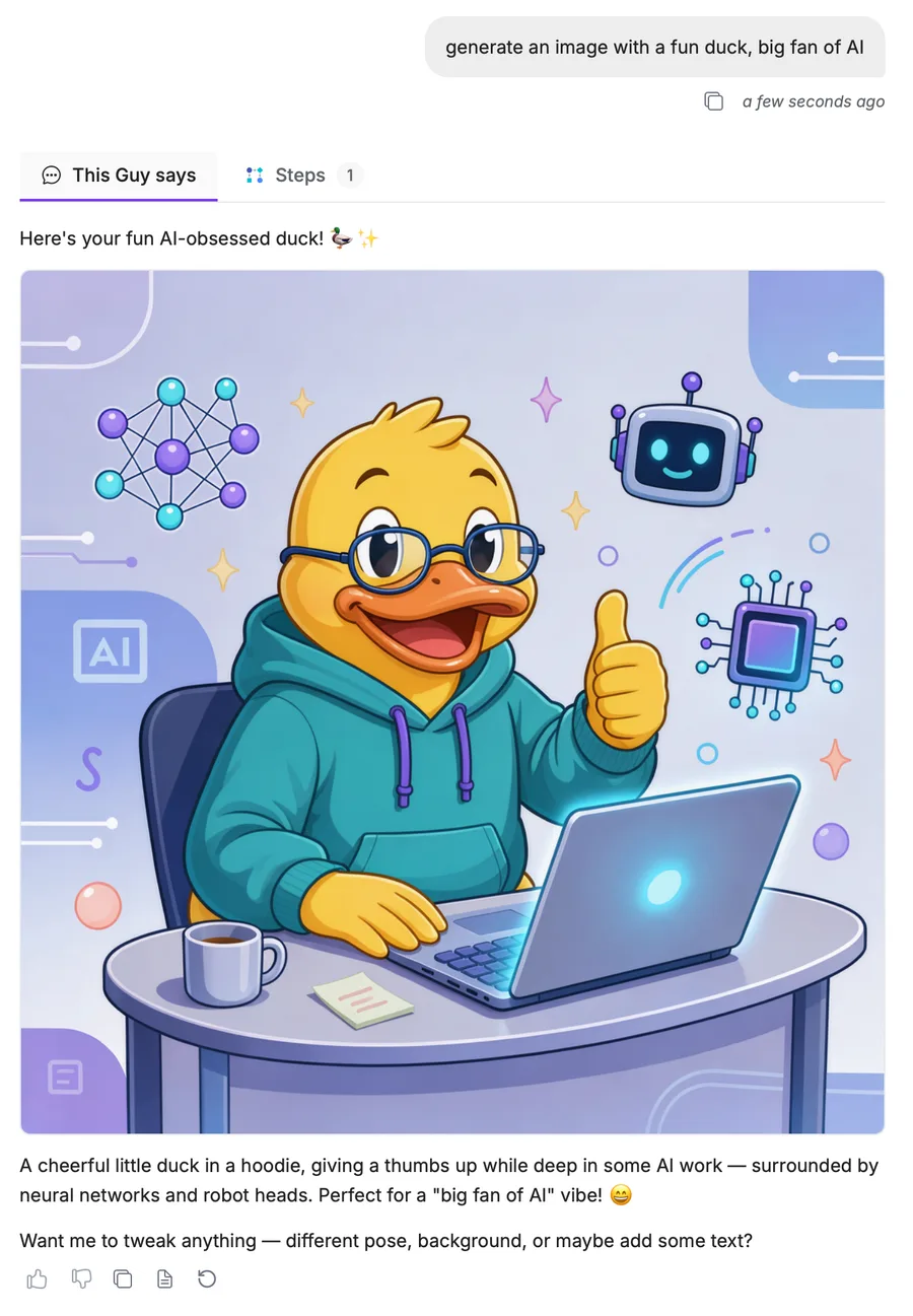 ATG agent reply displaying an image generated from the request: generate an image with a fun duck, big fan of AI