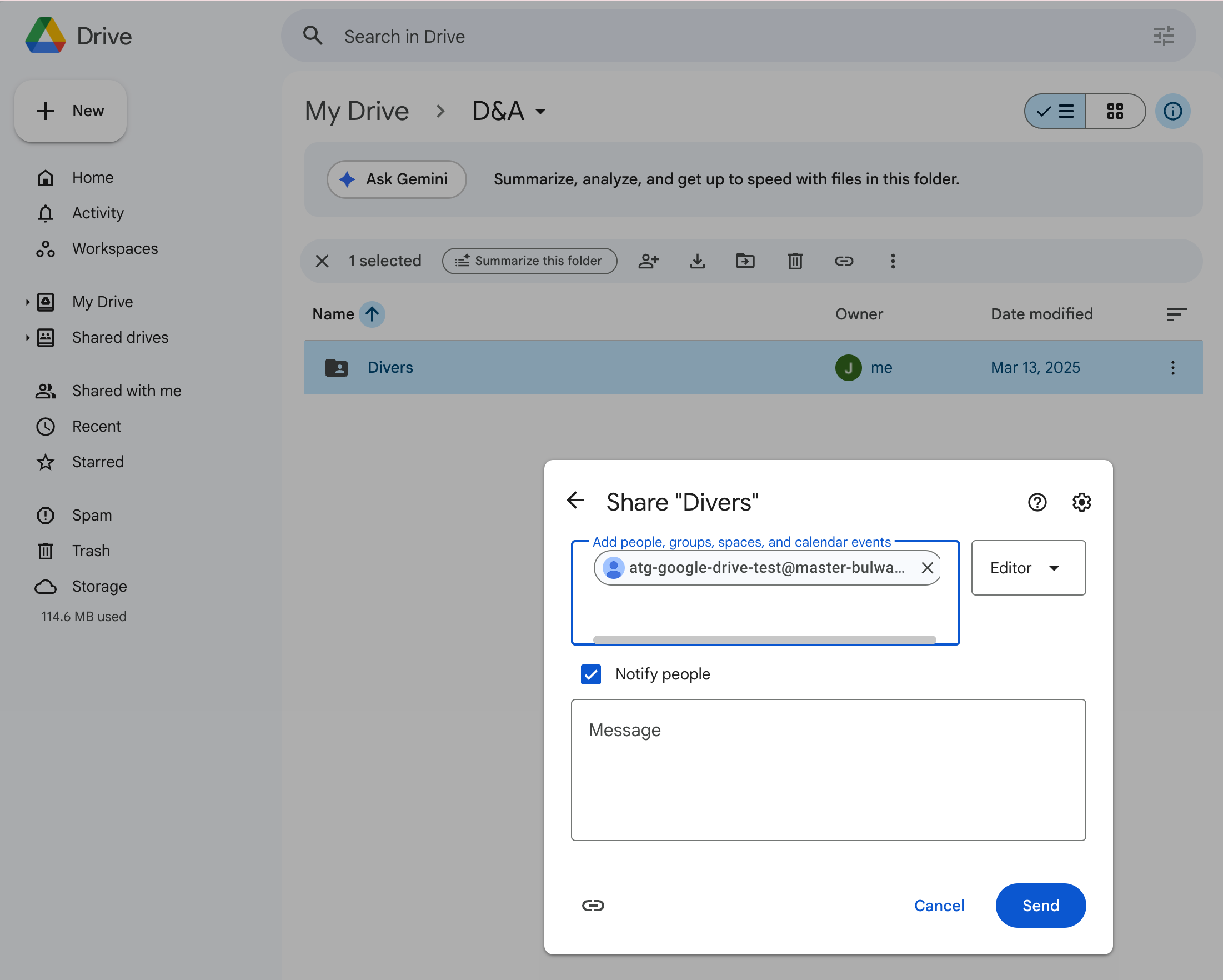 Share content with the service account in Google Drive — step 2