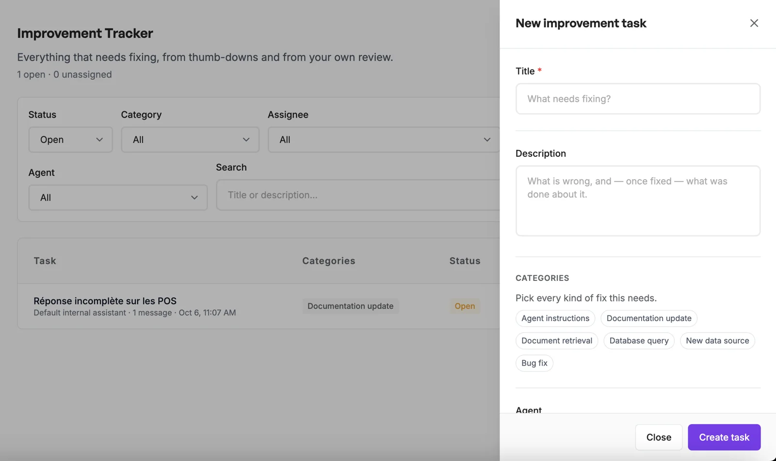 The Improvement Tracker with the new task panel open
