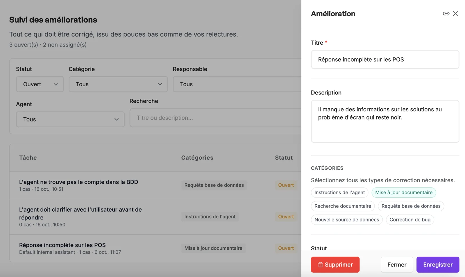 Le Suivi des améliorations : la liste des tâches et le panneau de détail d'une tâche