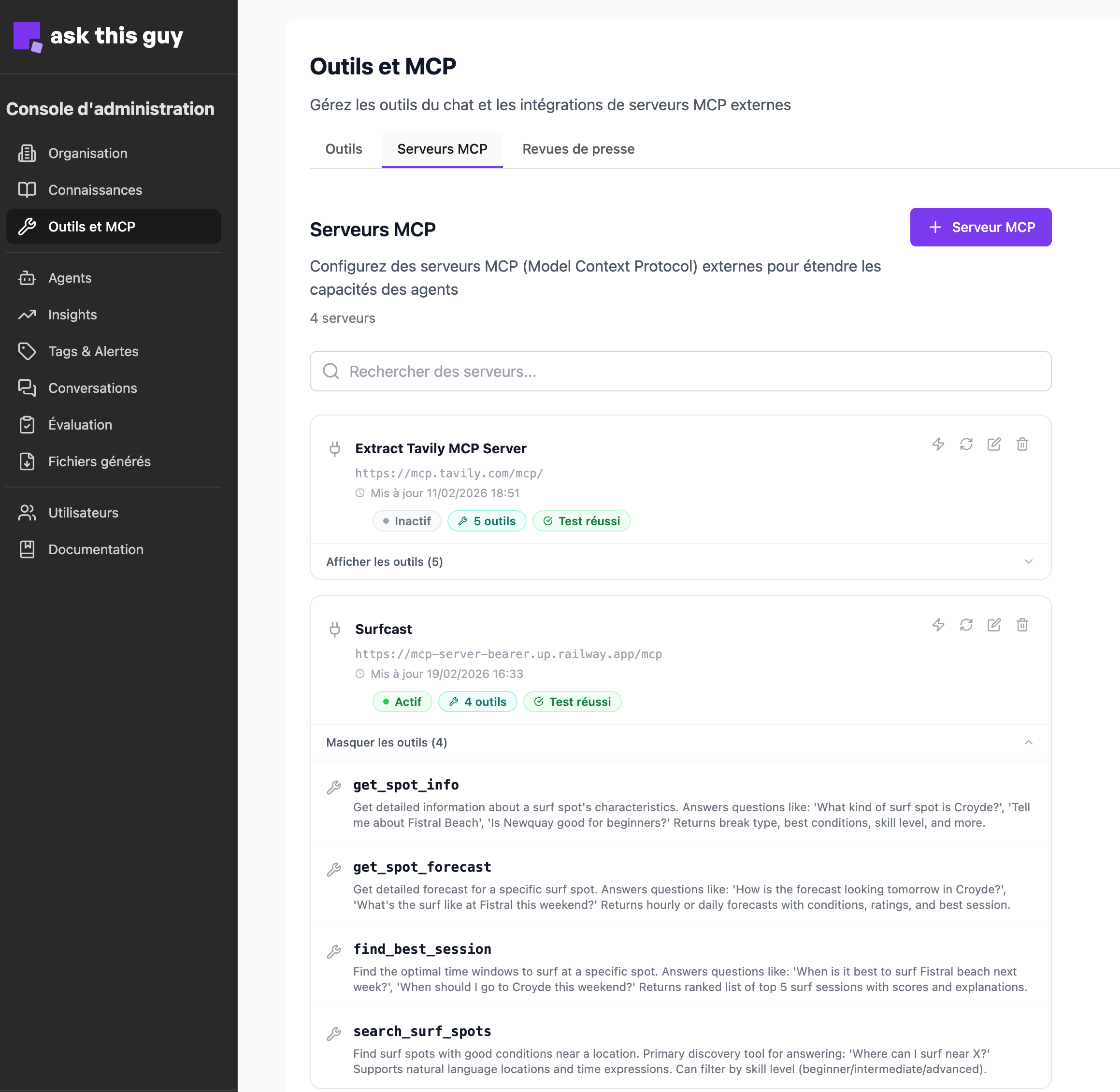 Liste des serveurs MCP sous Outils et MCP