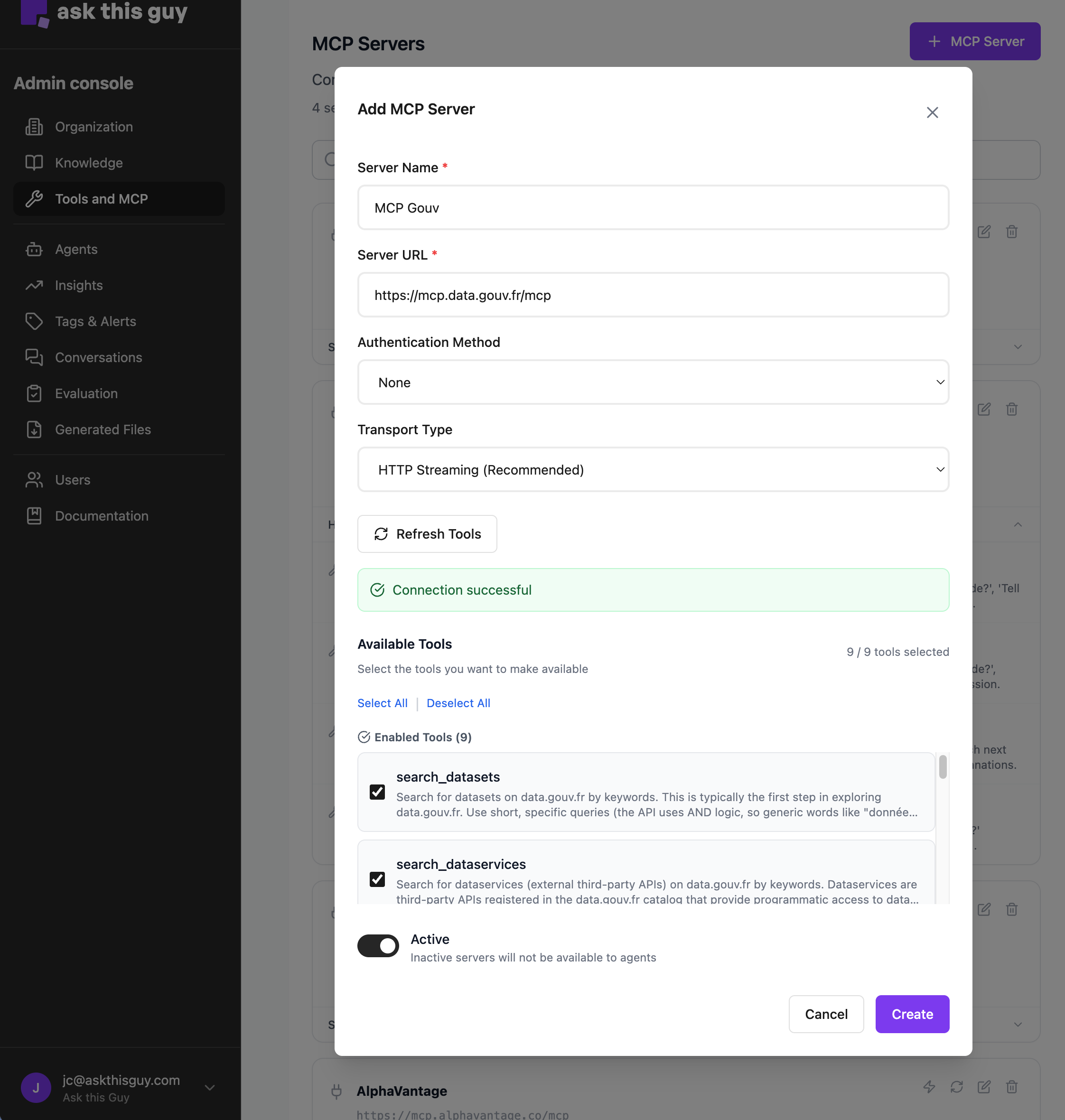 Add MCP Server configuration dialog