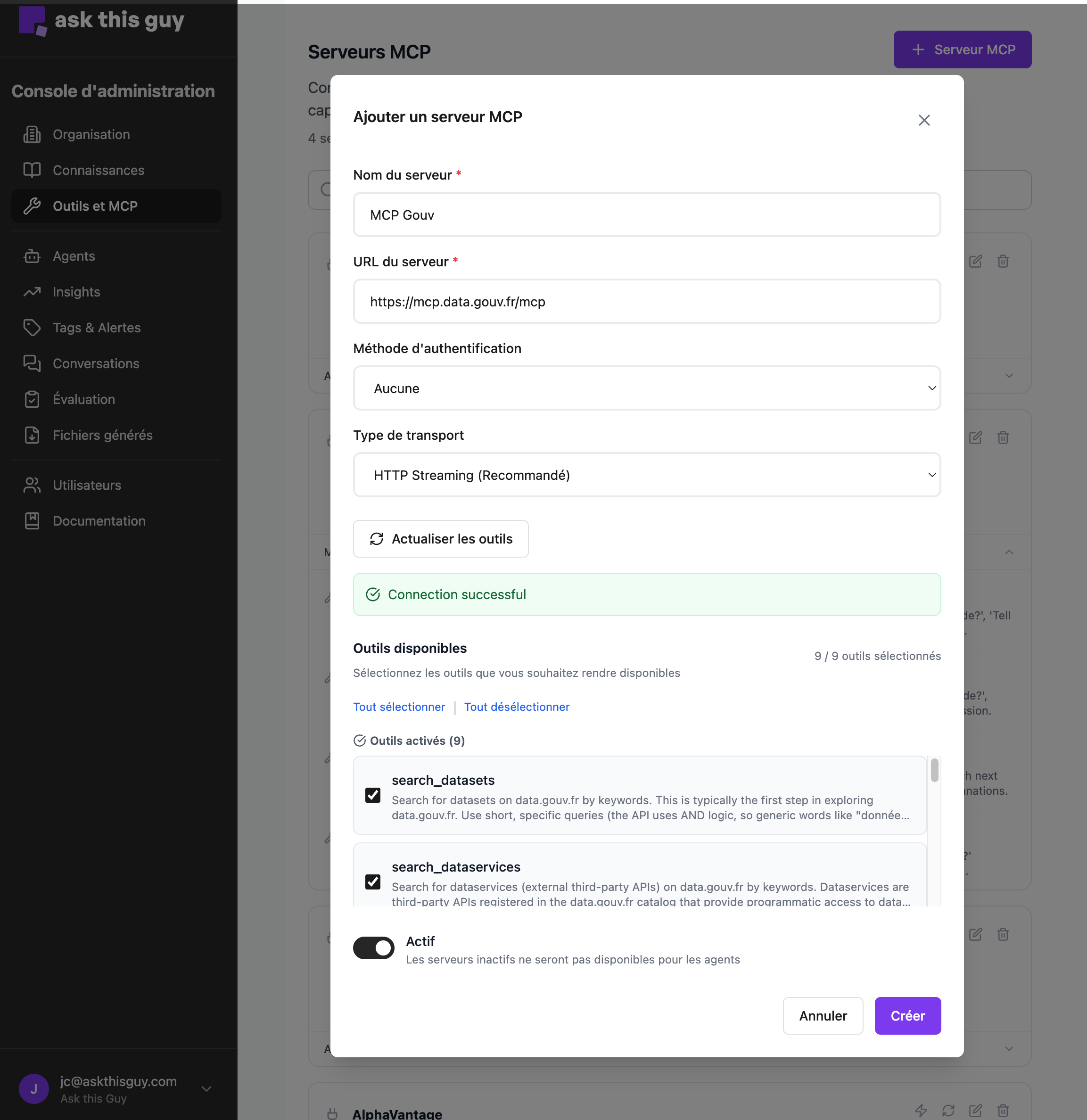 Boîte de dialogue d’ajout d’un serveur MCP