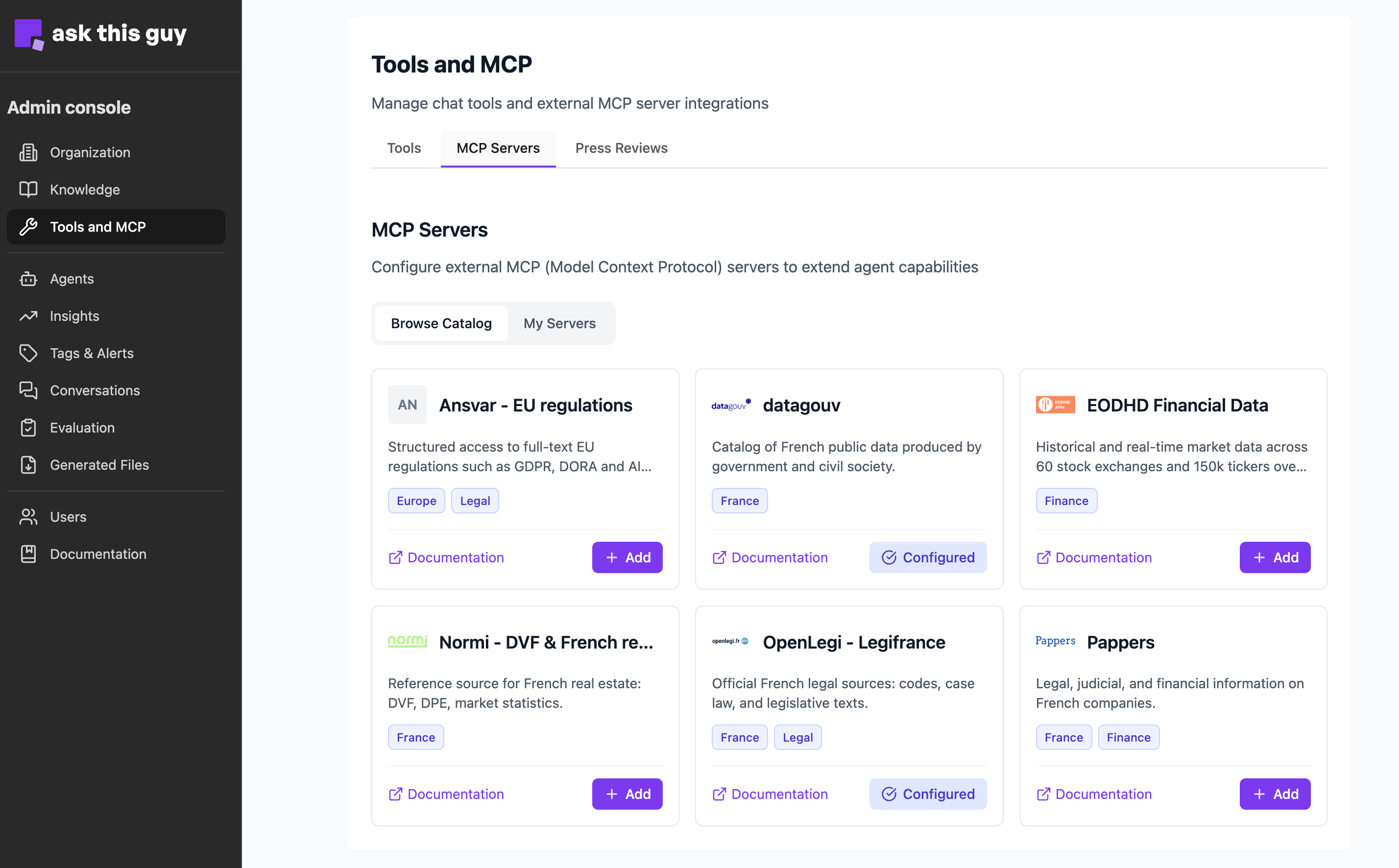 MCP catalog: Browse Catalog view with integration cards