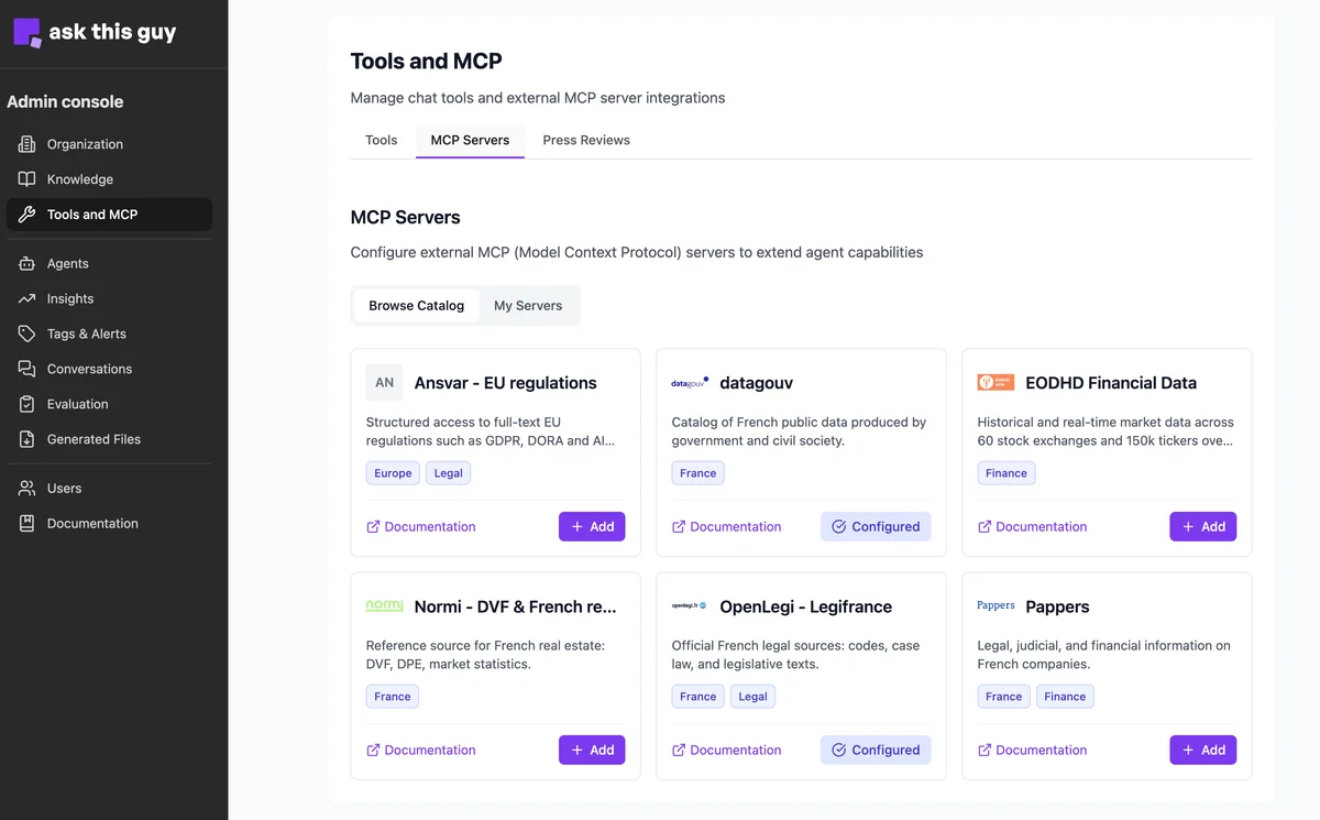 MCP catalog: Browse Catalog view with integration cards