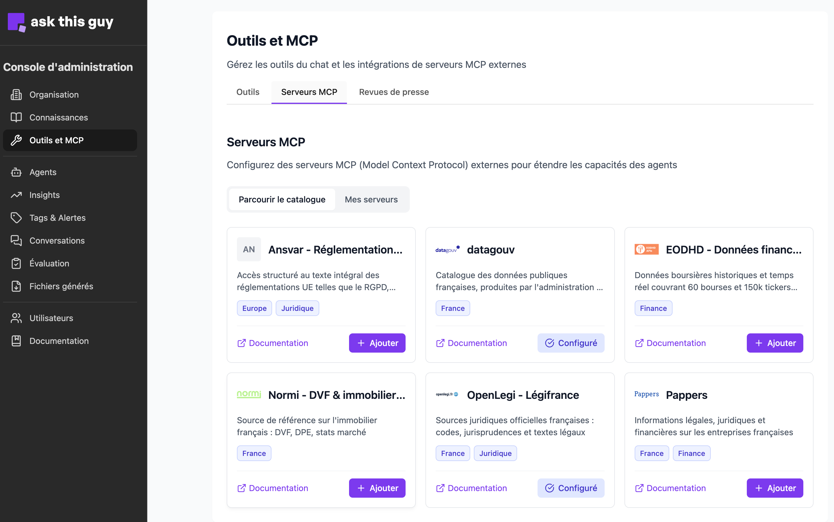 Catalogue MCP : vue Parcourir le catalogue avec les cartes d’intégration