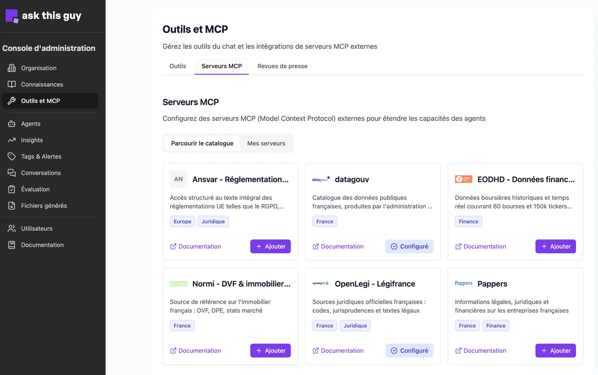 Catalogue MCP : vue Parcourir le catalogue avec les cartes d’intégration