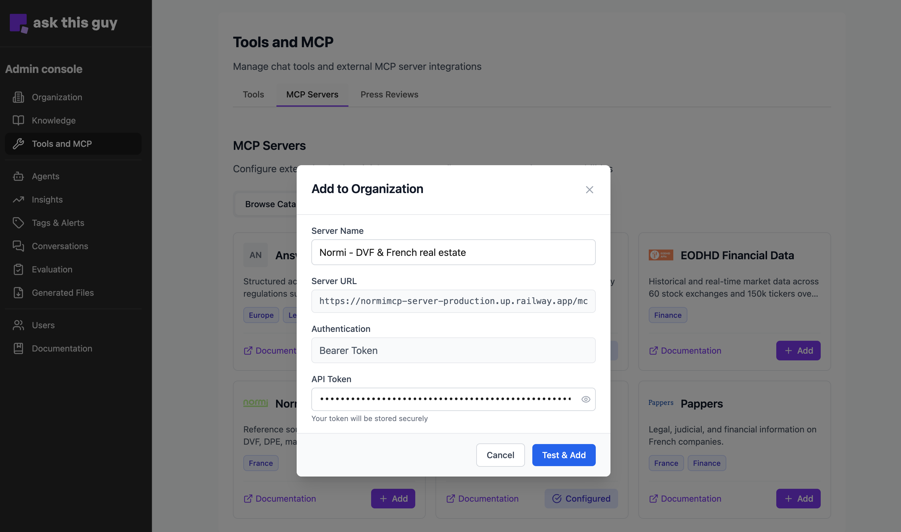 Add to Organization: example with Bearer token and Test & Add