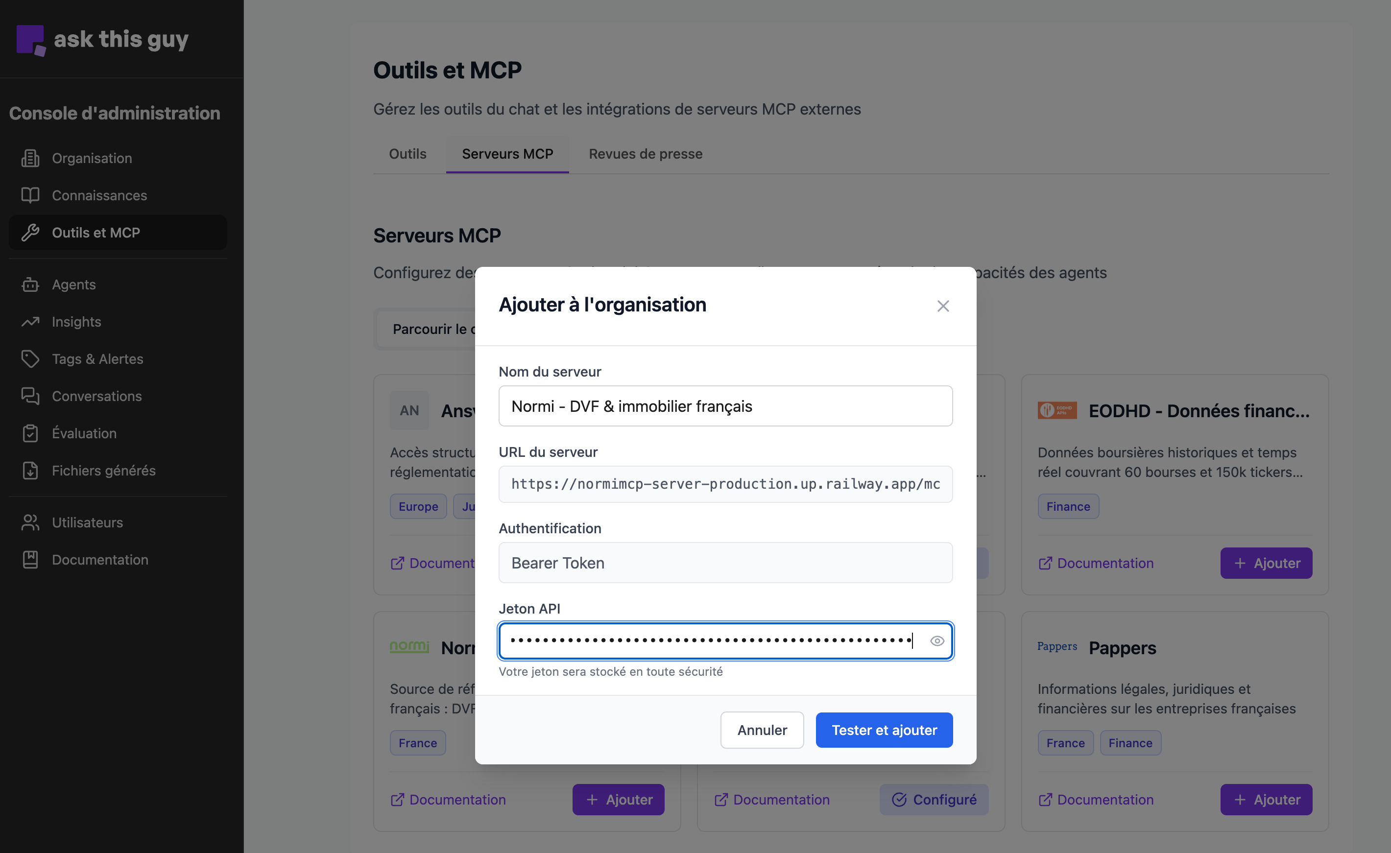 Ajouter à l’organisation : exemple avec jeton Bearer et Tester et ajouter