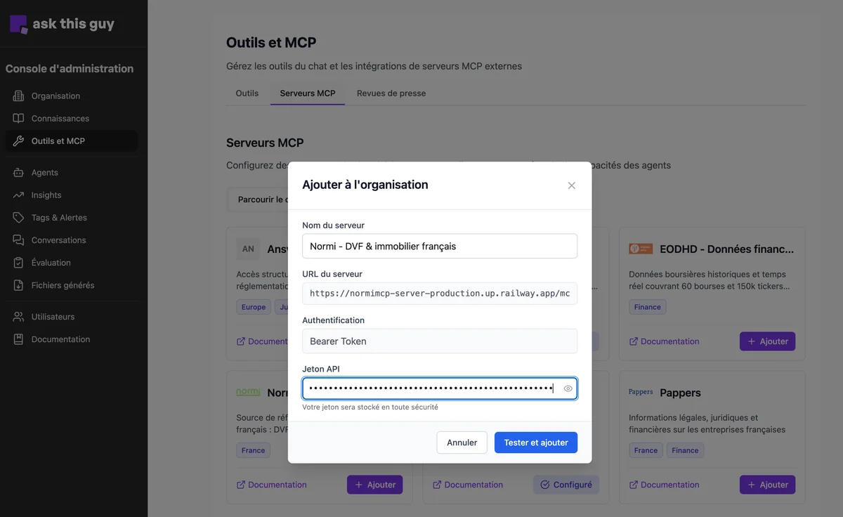 Ajouter à l’organisation : exemple avec jeton Bearer et Tester et ajouter