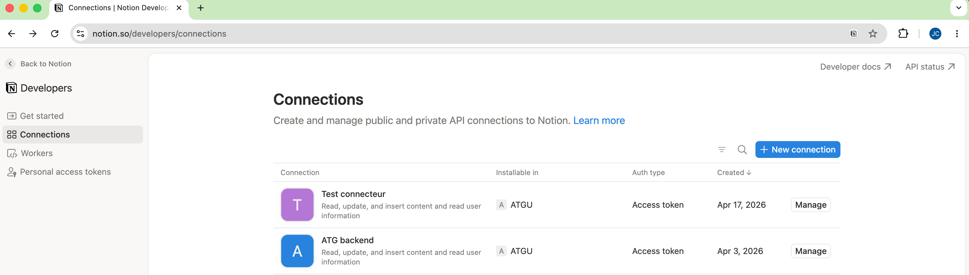 Notion Developer portal, Connections page