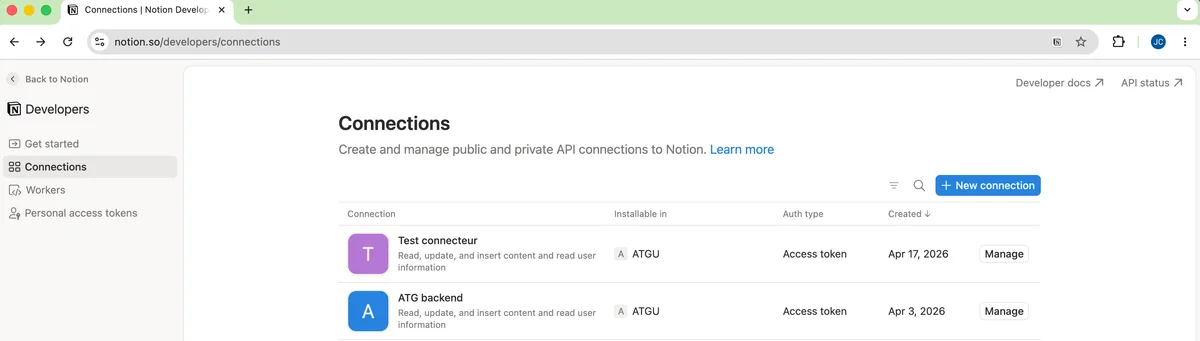 Notion Developer portal, Connections page