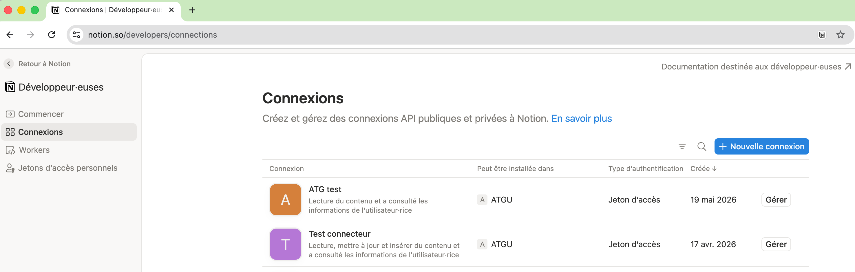 Portail développeur Notion, page Connexions