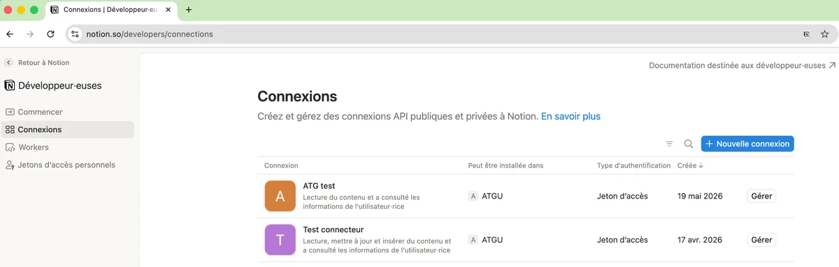 Portail développeur Notion, page Connexions