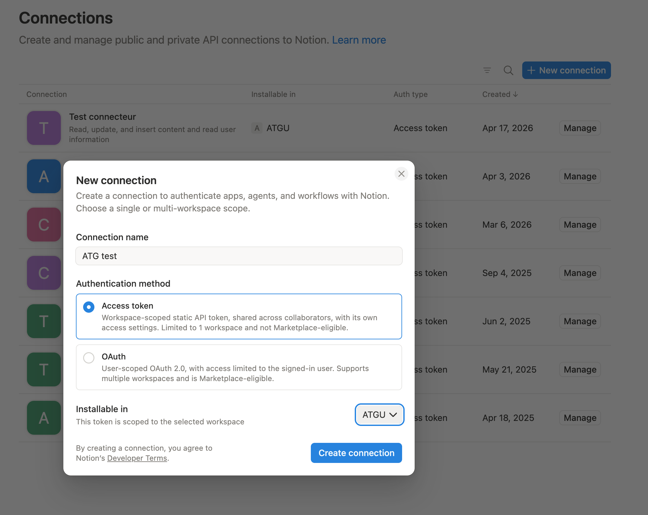 Notion, New connection dialog