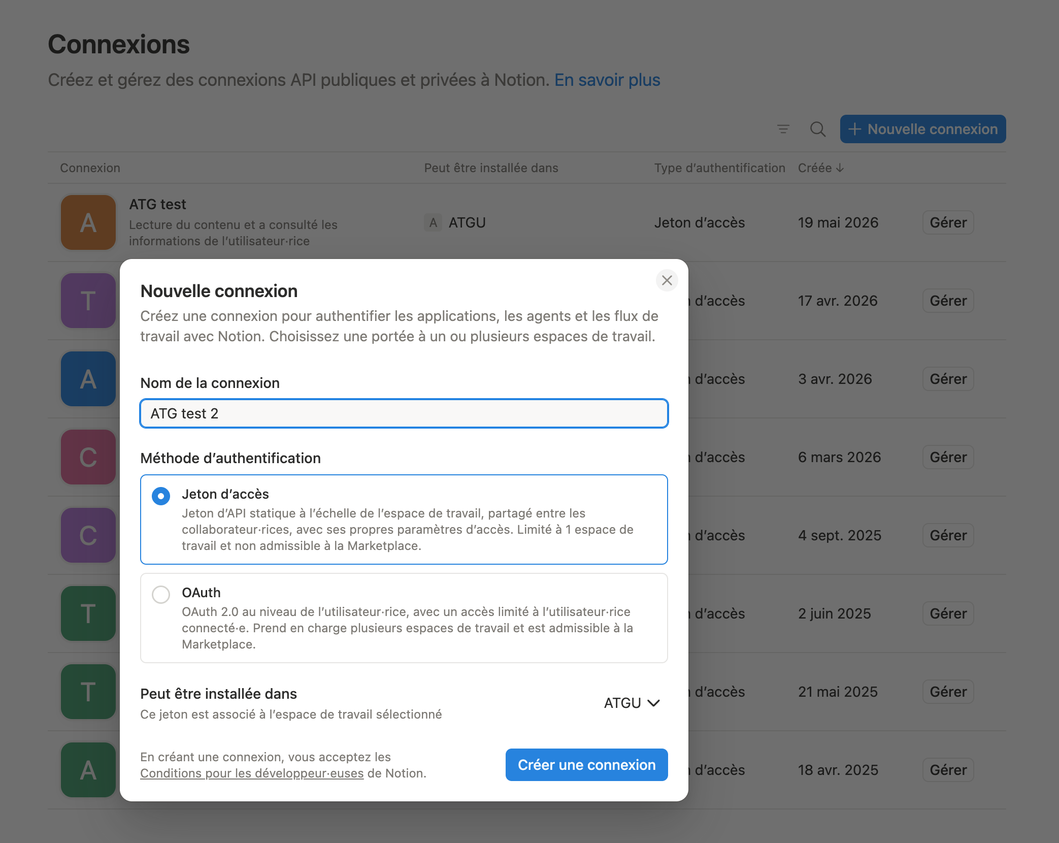 Notion, fenêtre Nouvelle connexion