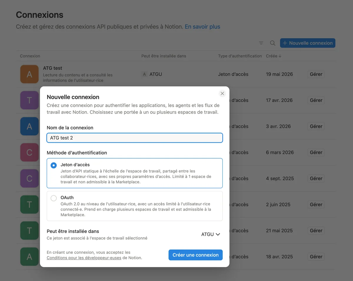 Notion, fenêtre Nouvelle connexion