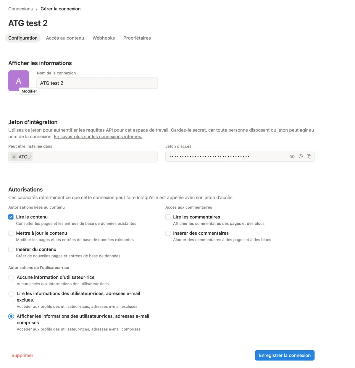 Notion, Configuration de la connexion