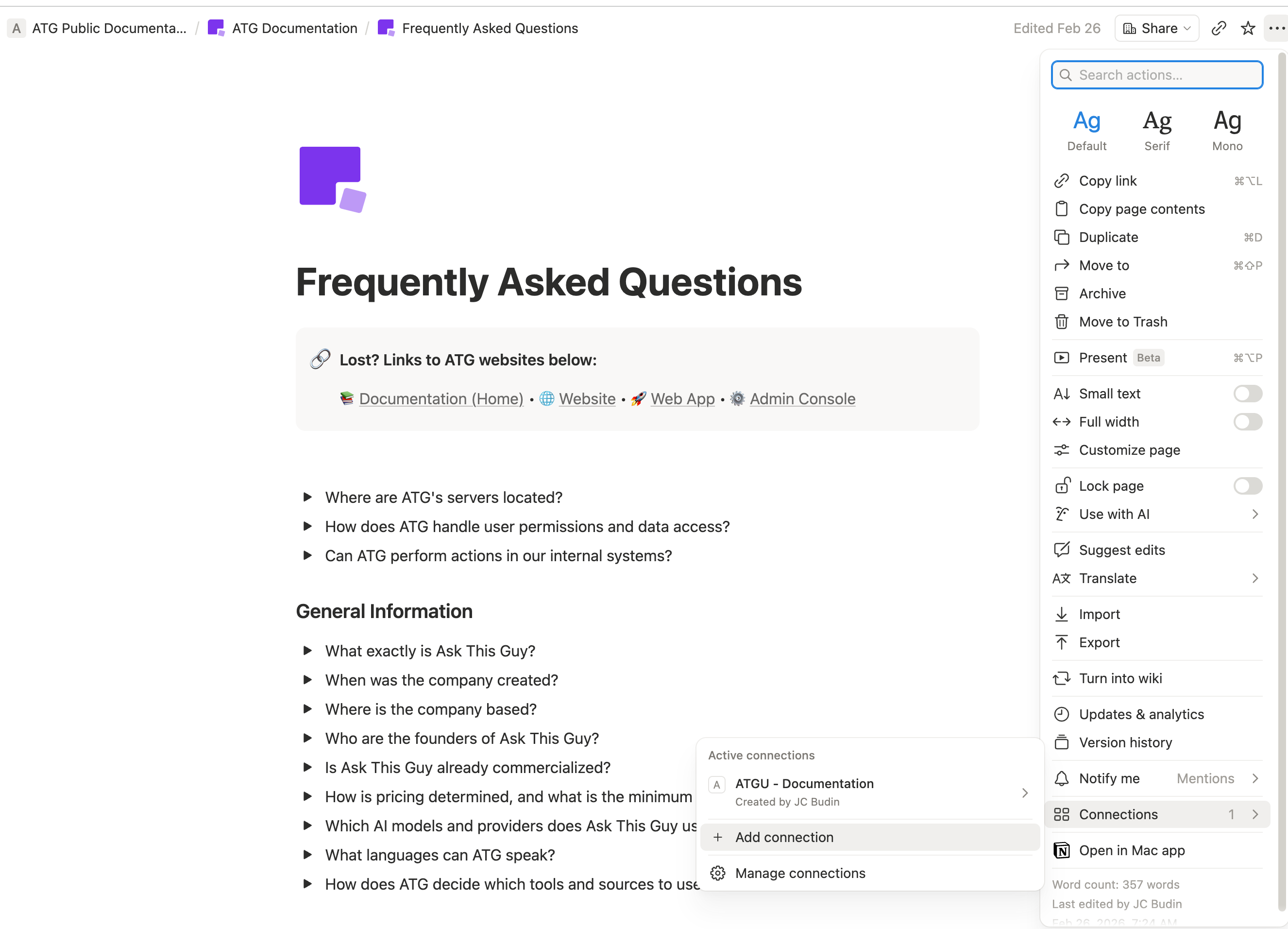 Notion, Page menu, Connections section