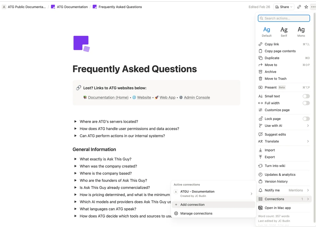 Notion, Page menu, Connections section