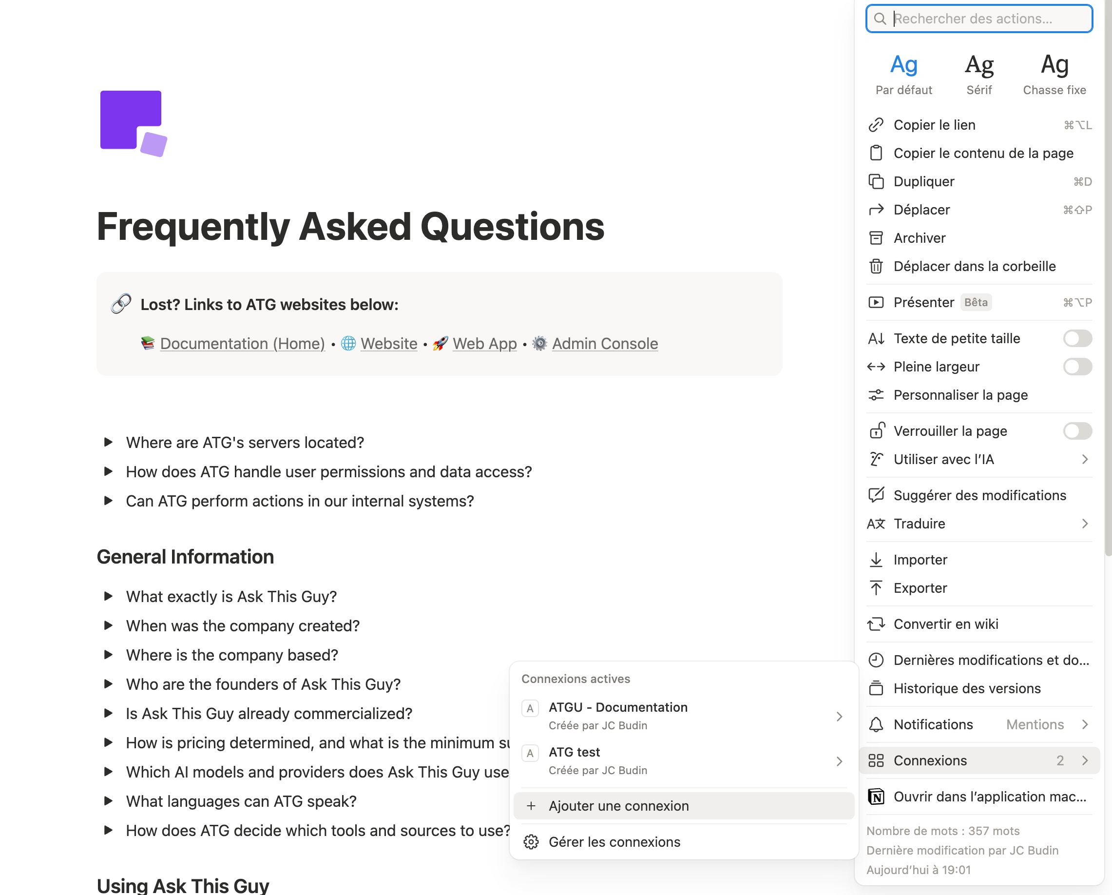 Notion, menu de page, section Connexions