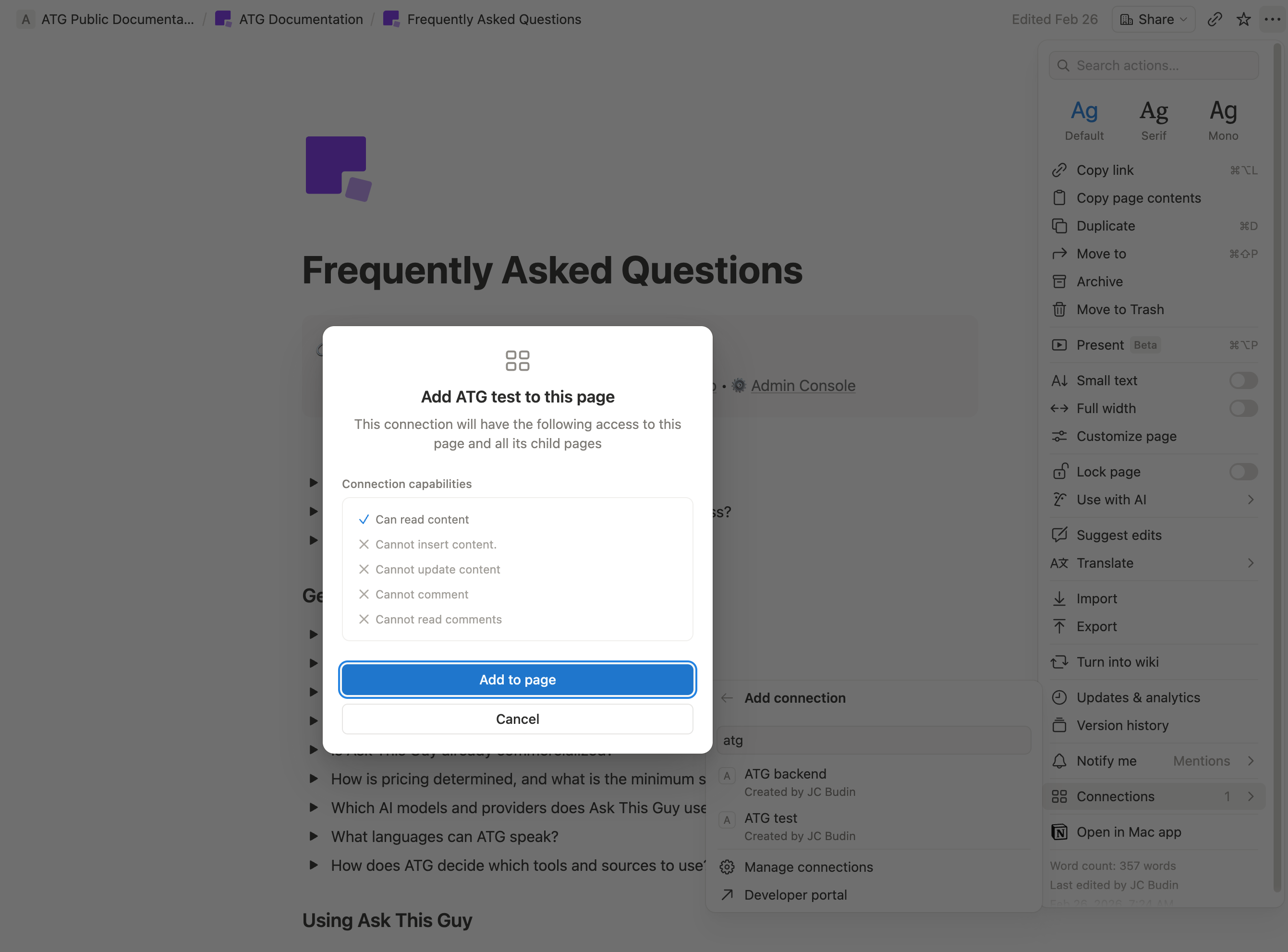 Notion, Confirm connection on page