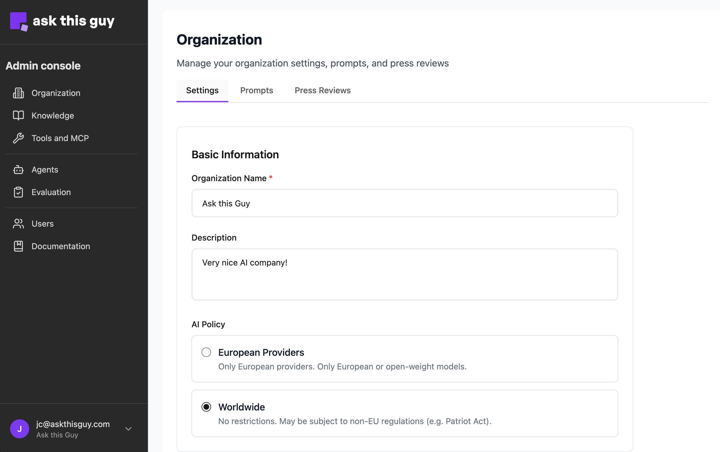 Organization settings