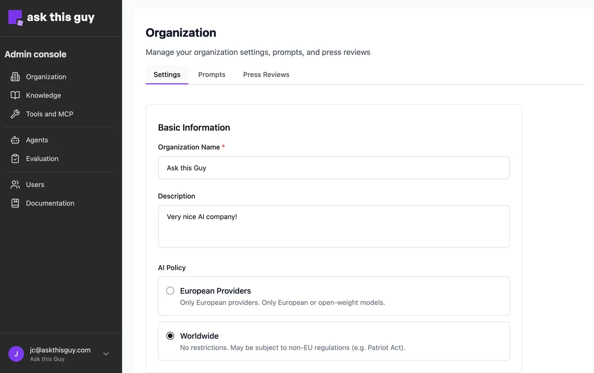 Organization settings
