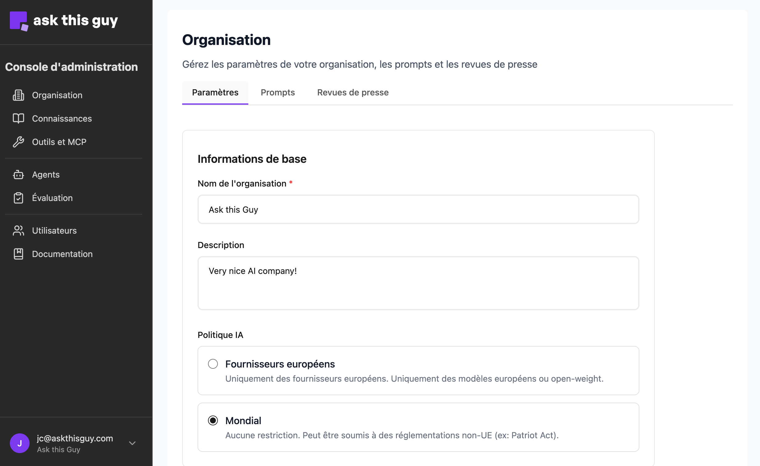 Paramètres d'organisation