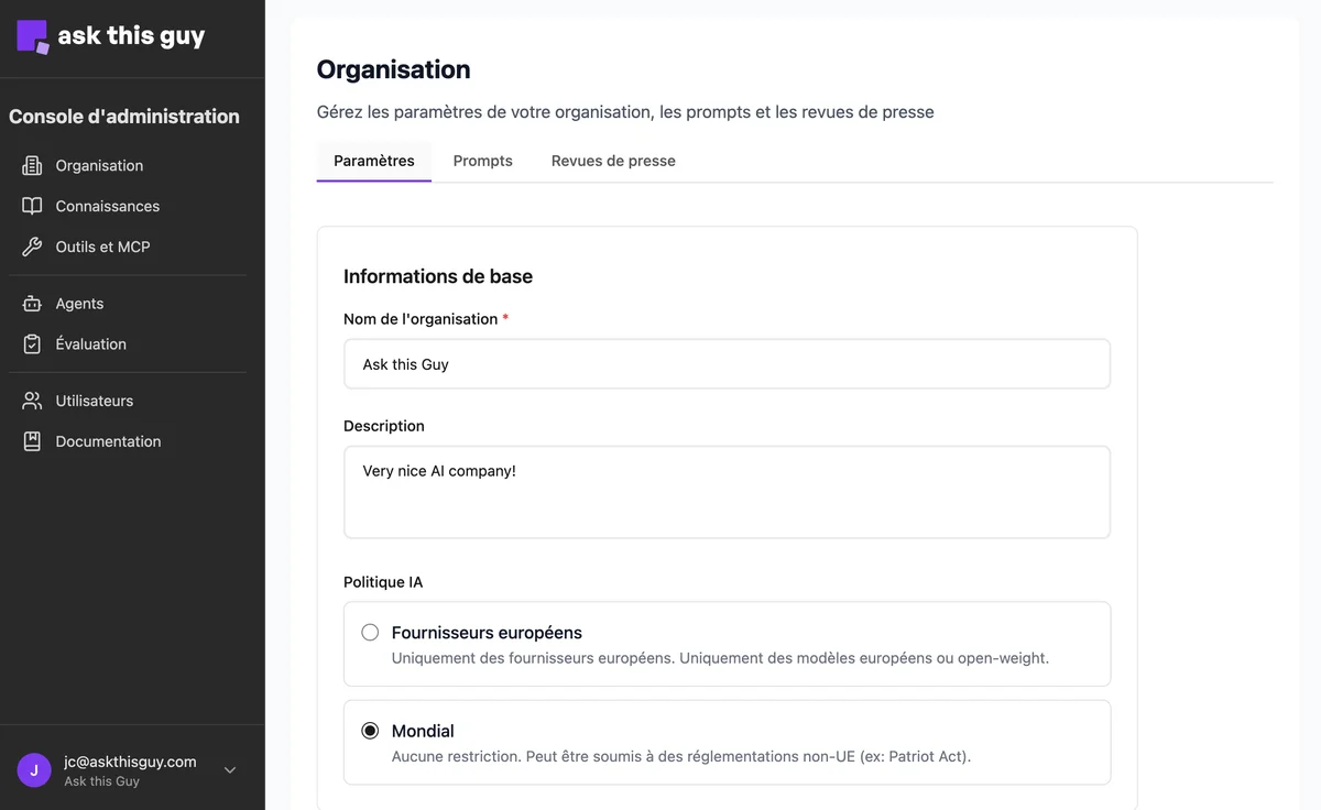 Paramètres d'organisation