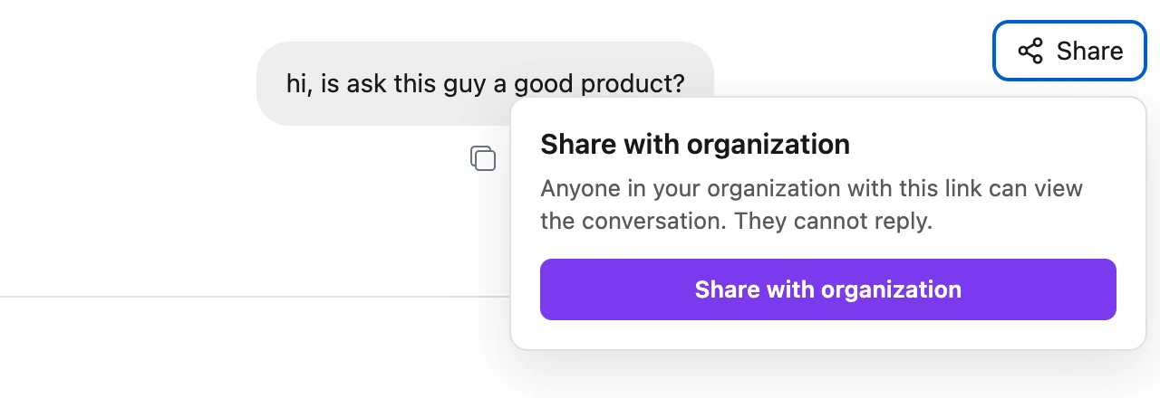 The Share with organization panel opened from the header of an ATG conversation