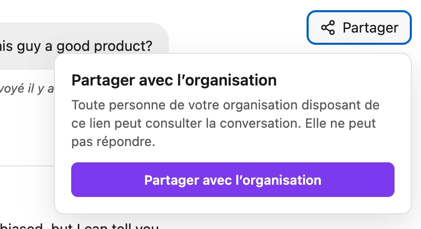 Fenêtre Partager avec l'organisation ouverte depuis l'en-tête d'une conversation ATG