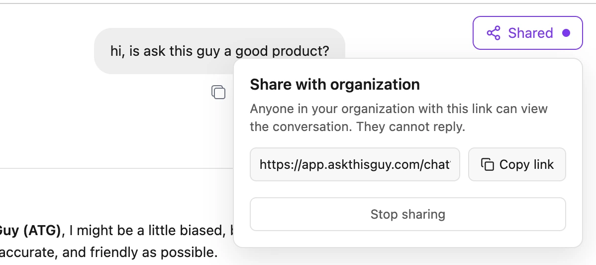 Menu of a shared conversation, with the link to copy and the Stop sharing action