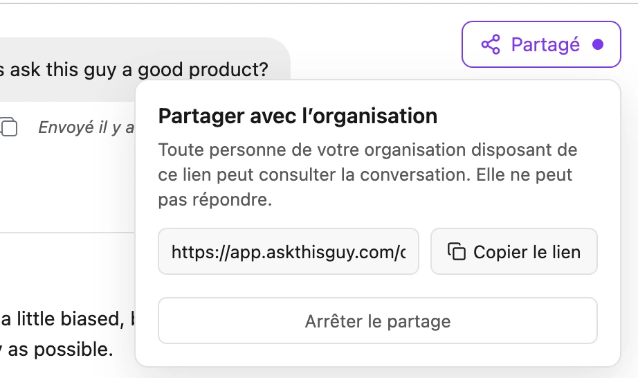Menu d'une conversation partagée, avec le lien à copier et l'action Arrêter le partage