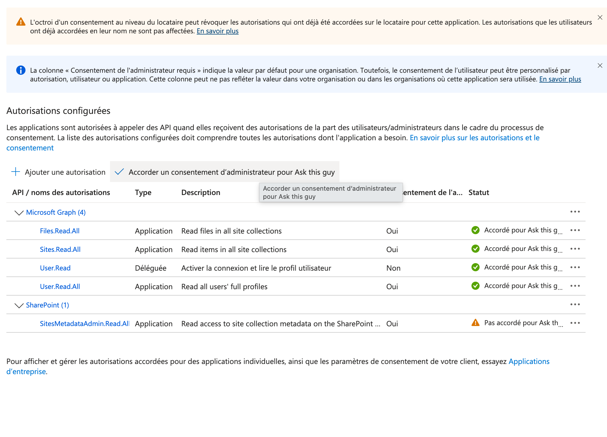 Accorder le consentement administrateur