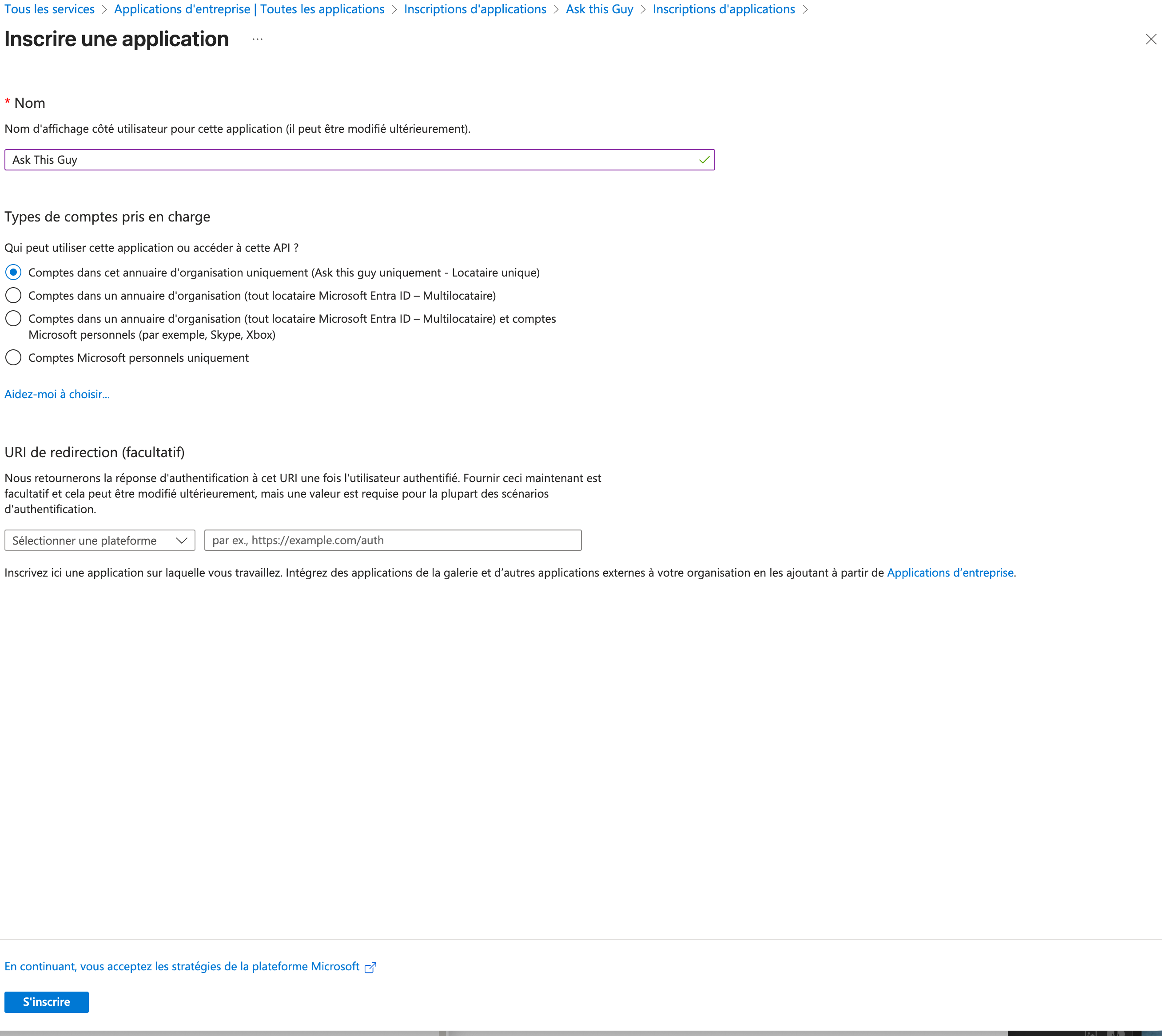 Création d'inscription d'application