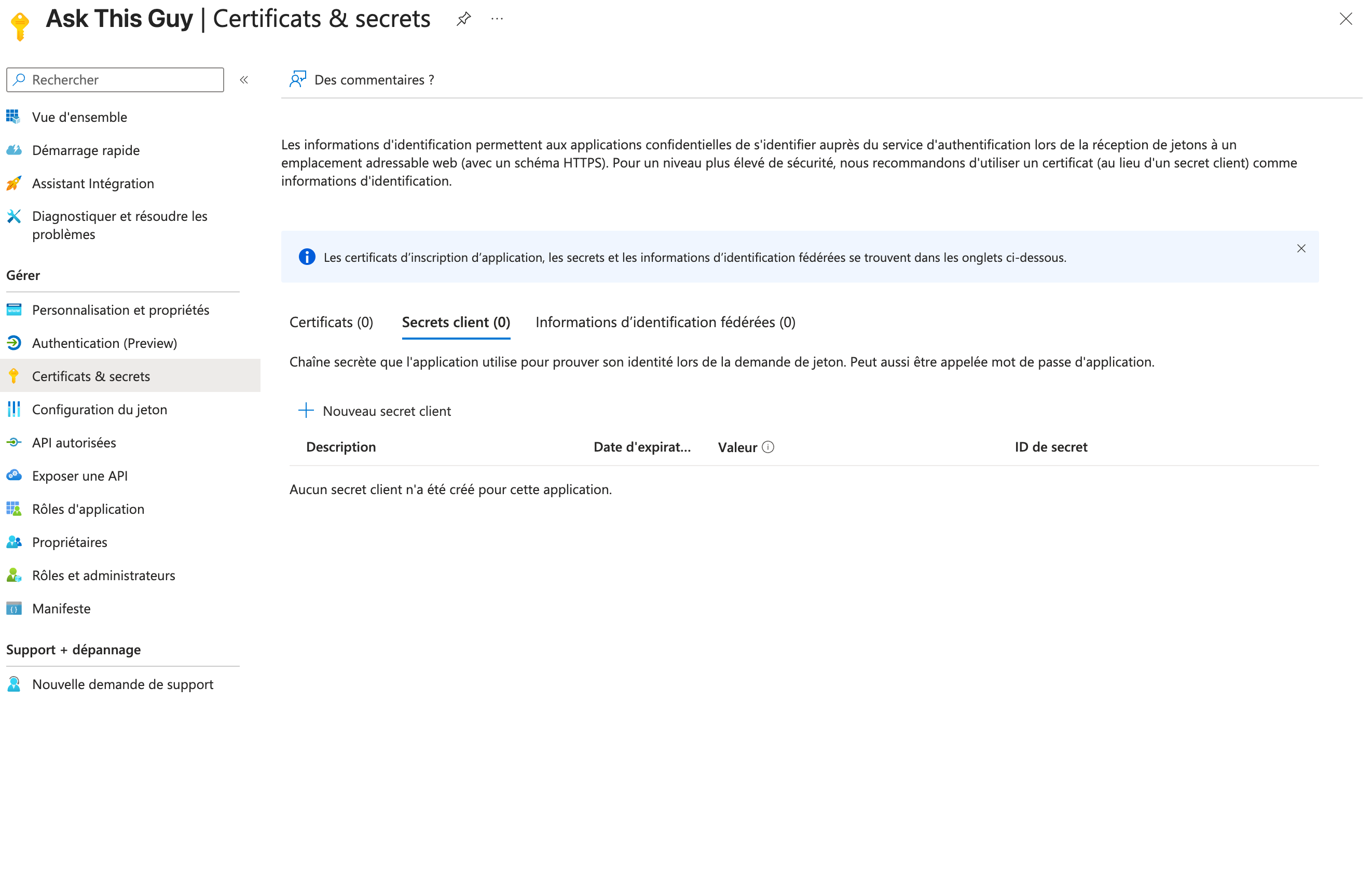 Certificats et secrets