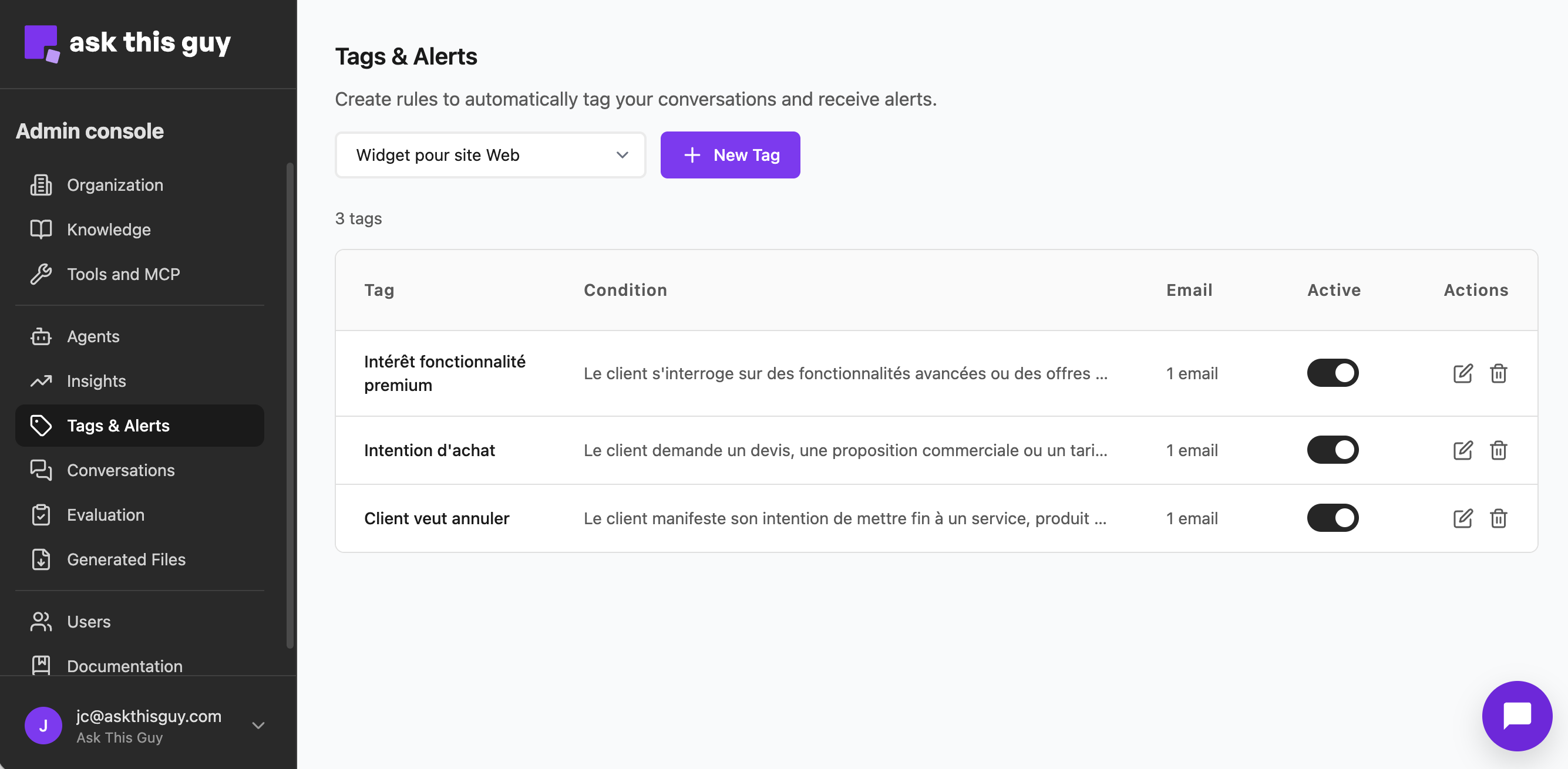 Tags & Alerts overview: list of tags, agent filter, and New Tag